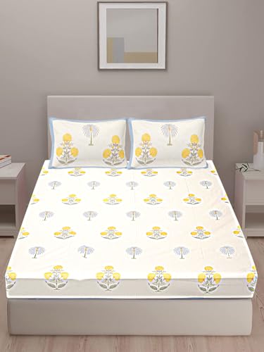 Goodadi Pure 100% Cotton Sanganeri Block Printed Bedsheet with 2 Pillow Covers | Block Print | King Size - 100x108 Inch (Yellow)