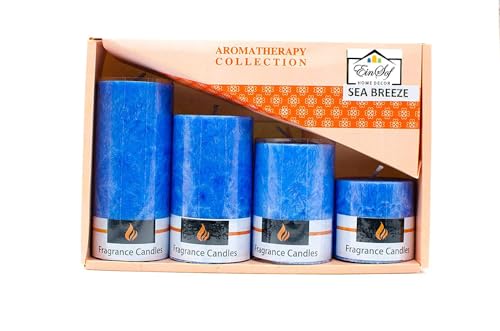 The Decor Affair Set of 4 Exquisitely Crafted Small Pillar Candles with Mesmerizing Marble Finish, Infused with The Refreshing Essence of Sea Breeze.