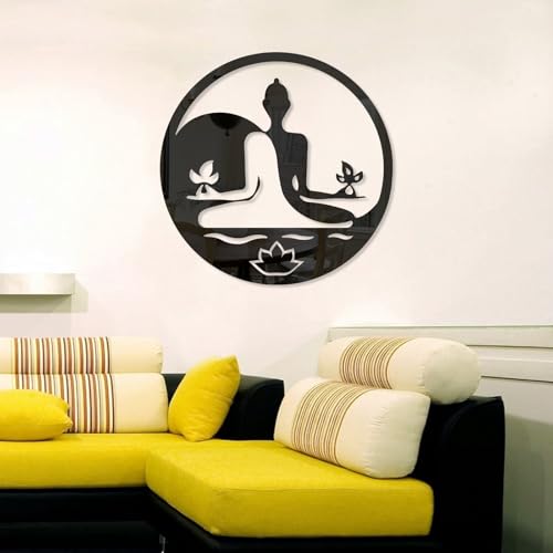 SPARKSBAE Black Mirror Self Adhersive Acrylic Sticker Featuring Buddha Meditation Design Decal for Living Room, Bed Room, Hall, Kitchen, Foyer Wall Decor DIY (Black | 30x30cm | 2 Pieces)