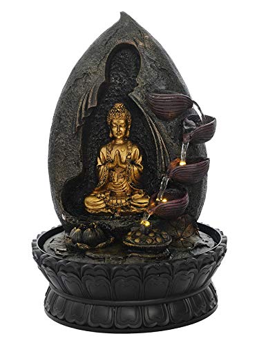 CHRONIKLE Polyresin Golden & Brown Buddha Showing Namaskara Mudra Table Top Home Decor 4 Designer Steps Water Fountain with Speed Controller Pump & LED (Size: 40 x 25 x 25CM | Weight: 2020 Gram)