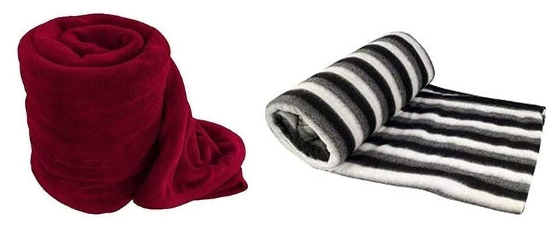 Wavva® Plain and Black and White Fleece 2 Single Bed Blankets-Red and Black and White (Set of 2)