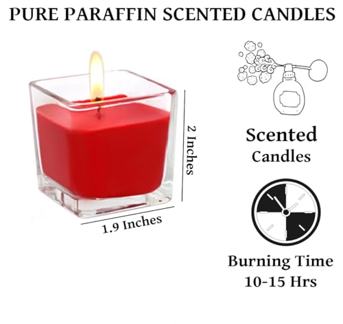 AAMU Moon 12 Pack Red Scented Votive Candles in Clear Square Glass Jar - 10 Hour Burning Time - Perfect for Wedding, Receptions, Diwali, Christmas, Party Favours & Special Events (Neem)