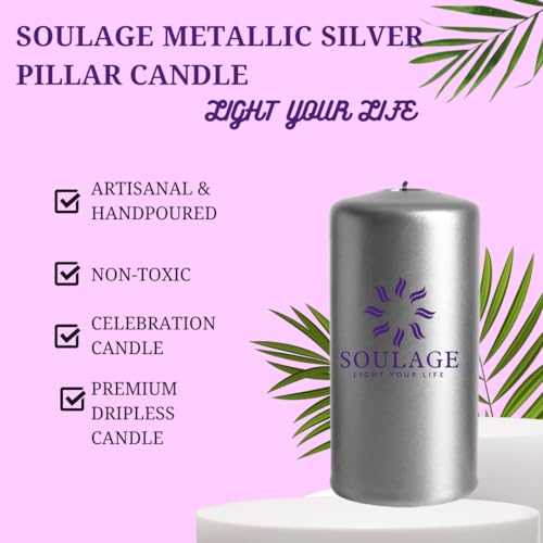 SOULAGE Silver Metallic Pillar Candle Filled with Soy Wax (Set of 2)