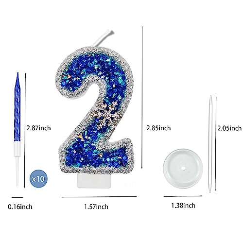 2.6" Large Blue Diamonds Snow Flakes Birthday Candles 2nd,Snowflake Cake Toppers,Numeral Candle Party Wedding Anniversary Frozen Cake Decorations (2)