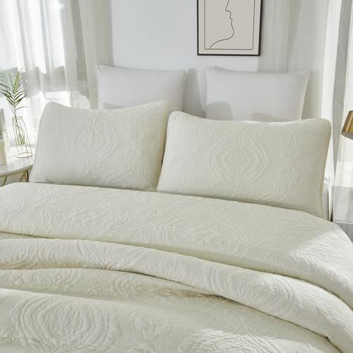 Brandream Quilt Set Cotton Queen King Size Bedspread Coverlet Set 100% Cotton Cream White Luxury Quilted Comforter Sets Damask Embroidery Lightweight