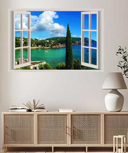 JVERF - JZZA22496 Greece Scenery Coast Sea| Self-Adhesive Open Window Wall Sticker