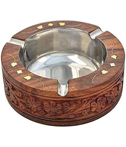 WOODSPIRATION-India Handmade Wooden Round Shaped Home and Office Ashtray for Cigar and Cigarettes 1pc (10x10X3 cm) Diwali Gift