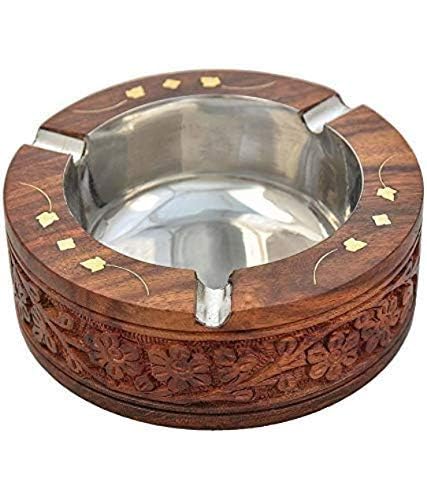 Eversky 01 Handicraftndia Handmade Wooden Round Shaped Home and Office Ashtray for Cigar and Cigarettes 1pc (10x10X3 cm) Diwali Gift