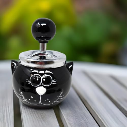 Cute Cat Ceramic Pushdown Ashtray - Black Feline Design with Chrome Lid - Smokers' Retro Novelty Ashtray