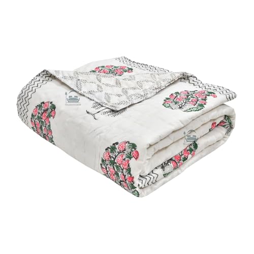 AARMOZY Pure Cotton Jaipuri Razai Single Bed Hand Block Floral Buta Bail Print Quilt Blanket - Multicolor (Single Bed C)