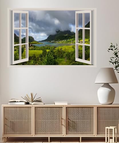 JVERF - JZZA25542 Norway Lofoten Mountains Lake| Self-Adhesive Open Window Wall Sticker