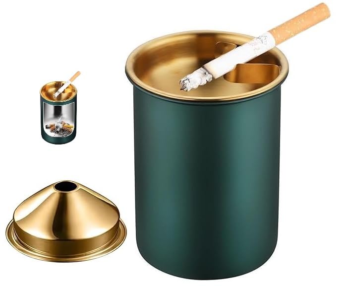 LAKSHMINARAYAN SALES Stainless steel Ash Tray for Cigarette, Stylish Ash Tray for Indoor or Outdoor Use, Ash Tray with Lid & Cigarette Holder, Durable Windproof Ashtray with Funnel Lid