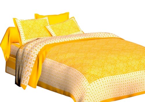 Pure Cotton Sanganeri Printed Jaipuri Bedsheet for Double Bed Queen Size with 2 Pillow Covers 260Thread Count,Yellow