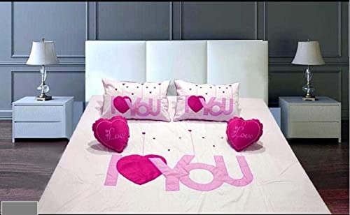 Xtreem Super Soft 100% Pure Cotton I Love You Printed Designer Double Topsheet|Flatsheet|Bedsheet with 2 Pillow Covers & 2 Heart Cushions for Your Home & wedding Room (90X100 Inches, Multi)