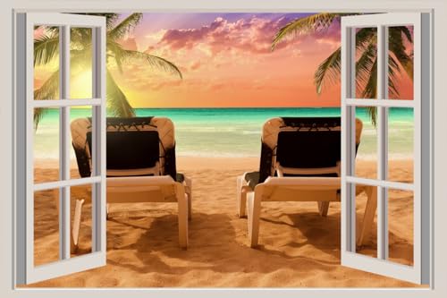 JVERF - JZZA27896 Sea Tropics Sunrises and| Self-Adhesive Open Window Wall Sticker