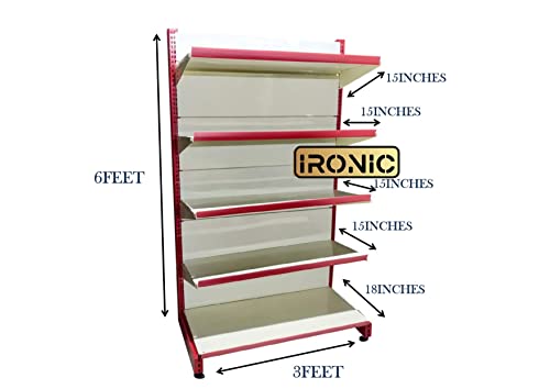 IRONIC Slotted Channel Rack | Grocery Rack | Multipurpose Adjustable Iron Rack for Kitchen, Shops and Book Shelf | Red & Ivory (Wall Rack 6FEET X 3FEET) 5 SHELFS (RED), Iron