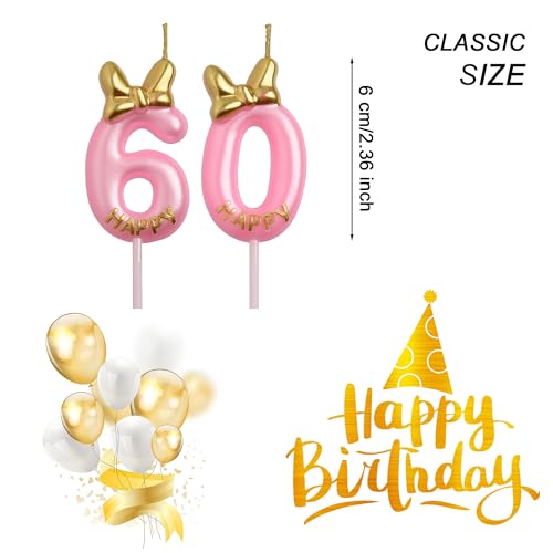 AOOLADA 60th Birthday Candles, Pink 60 Year Old Number Birthday Candles, Number 60 Candles for Men Women, Happy Birthday Party Decorations Cake Topper Gifts for Wedding Anniversary Celebration