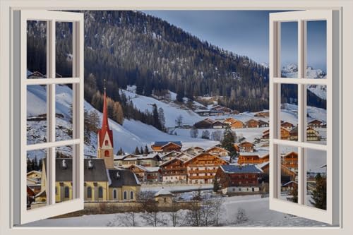 JVERF - JZZA23554 Italy Winter Mountains Forests Houses Church| Self-Adhesive Open Window Wall Sticker