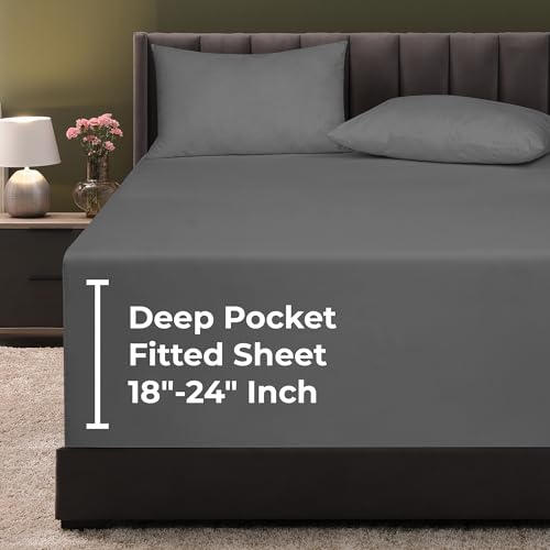 Royale Linens Extra Deep Pocket King Fitted Sheet Only - Soft Grey King Size Fitted Sheet Deep Pocket - Fits 18 inch to 24 inch Thick Mattress - Fitted Sheet Only - Elastic Sheet (King, Grey)