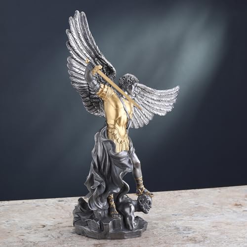 Veronese Design 14 5/8 Inch Saint Michael Tramples Demon Resin Sculpture Cold Cast Pewter Finish Statue