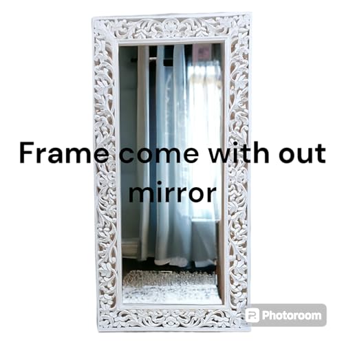 aesthetic decor (6x3 Wooden Carved Wall Mirror Frame Solid Wood, | with Out Mirror | Crown Pattern (White Distress)