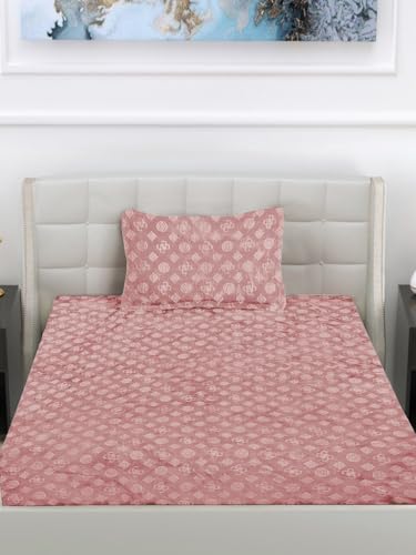 FABINALIV Peach Geometric 300 TC Woollen Embossed Single Bedsheet with Pillow Cover (FLWSBS-1038-Peach)