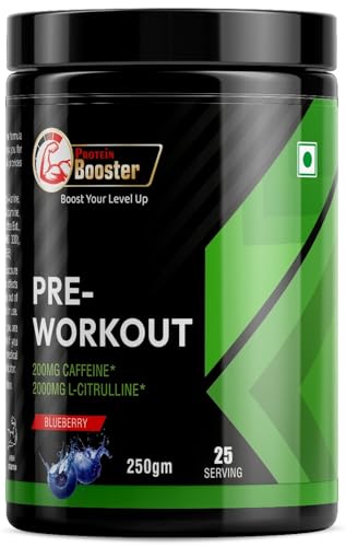 Protein Booster Pre Workout Supplement: 200mg Caffeine, 2000mg L-Citrulline, Muscle Pump & Fat Loss Formula for Men & Women 250gm (Blueberry)