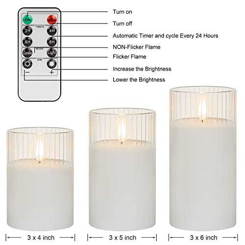 ANGELLOONG Clear Glass Flickering Flameless Candles Battery Operated with Remote Control, LED Pillar Candles with Timer, Romantic Candles for Bathroom Home Decor, Set of 3