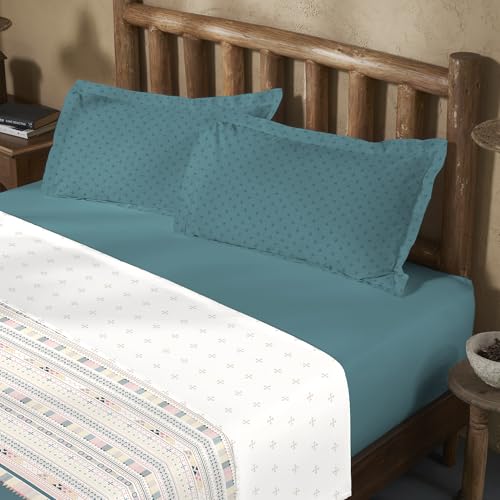 Trident Bedsheet King Size Bed Cotton | Cotton Bedsheets for double bed | 1 Bedsheet and 2 Pillowcases | Indian Traditional Craft | King Size Bedsheet Cotton | Sanskriti Collection- Shisha Bharat Teal