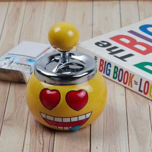 Smokeless Ceramic Push Down Ashtray for Cigarettes Cigars with Spinning Tray Lid Modern Home Decor Tabletop Ash Tray for Smokers, Round, Yellow Smiley (11380)