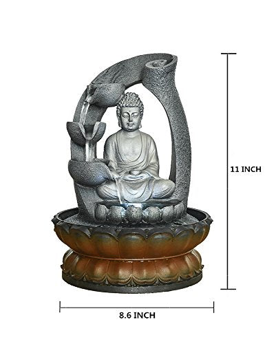 Sitting Buddha Fountain 11", LED Indoor Table Waterfall Fountain Fengshui Meditation Relaxing Decor for Home Office Gray