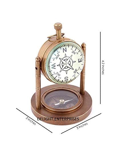 Delight Enterprises Brass Table Clock with Compass Antique Table Clock