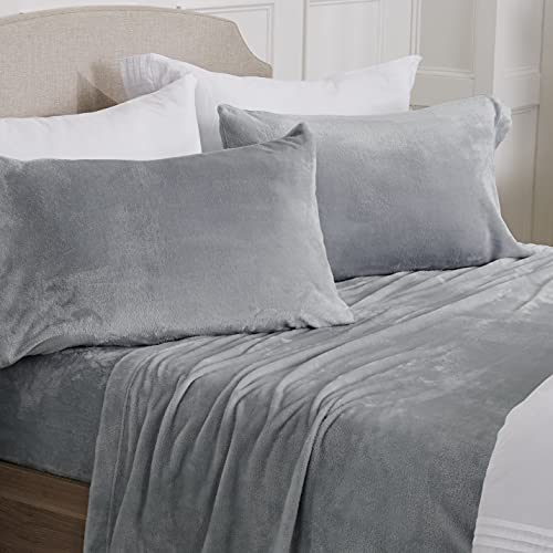 Velvet Plush Sheet and Pillowcase Set with Extra Deep Pockets | Extra Soft Micro Fleece Sheet Set | Ultra Plush and Cozy Warmth | Velvety Soft Heavyweight | Tribeca Collection (Queen, Grey)