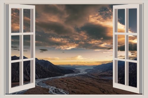 JVERF - JZZA25172 New Zealand Coast Mountains Rivers Sky Clouds| Self-Adhesive Open Window Wall Sticker