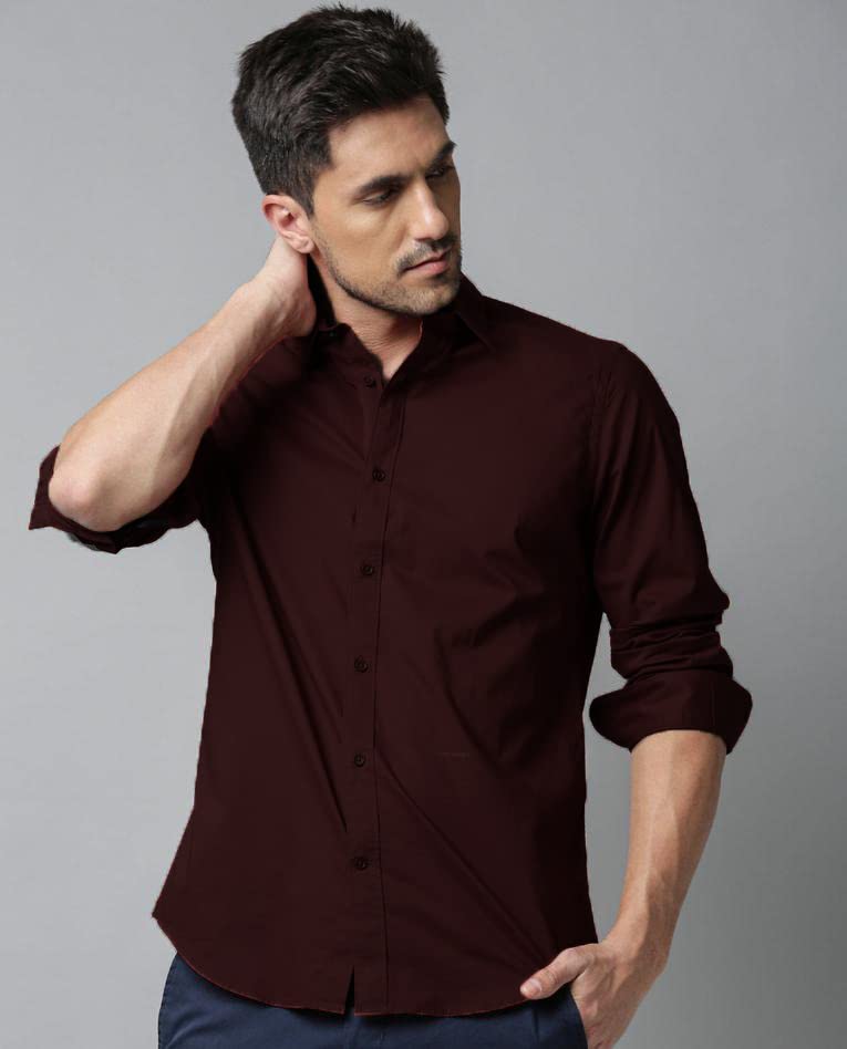 OTUS Men's Cotton Casual/Formal Slim Fit Solid Shirt (Small, Brown)