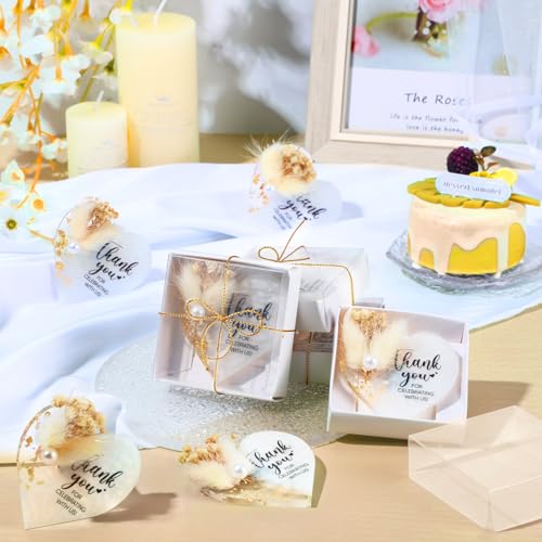 Coume 24 Pcs Wedding Favors for Guest Bulk Crystal Resin Fridge Magnet Handmade Wedding Gifts Souvenirs with Dry Flowers Thank You Text for Wedding Engagement Baby Bridal Shower