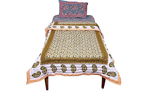 SIBLEY 400 TC Jaipuri Light Weight Pure Cotton Traditional Rajasthani Print Color Yellow Buta Quilt/Razai/Rajai (Single Bed - Set of 1)