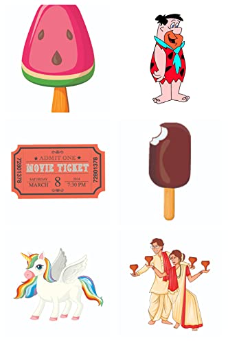 Bhai Please Watermelon Icecream, Fred Flintstone, Movie Ticket, Choco Bar, Unicorn and Bengali Couple Wooden Fridge Magnet (Pack of 6 pcs, one pc Each Design)