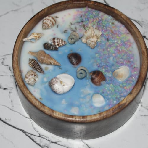 Bright Vela Ocean Wooden Bowl Candle(Theme), 100% Coconut Wax and Sea Shells with Natural Fragrance Oil. (Unscented)