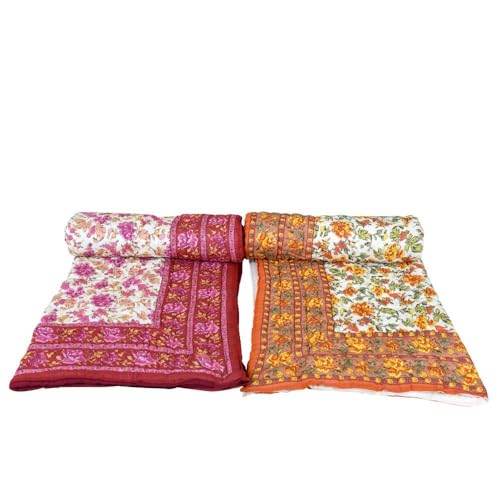 fashhub Rajasthani Jaipuri Pure Organic Cotton Floral Printed Skin Friendly Single Bed AC Room's Blanket Jaipuri Razai/Rajai/Quilt/Blanket/Dohar (Beige/Pink) (Pack of-2)