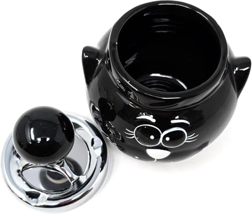 Cute Cat Ceramic Pushdown Ashtray - Black Feline Design with Chrome Lid - Smokers' Retro Novelty Ashtray