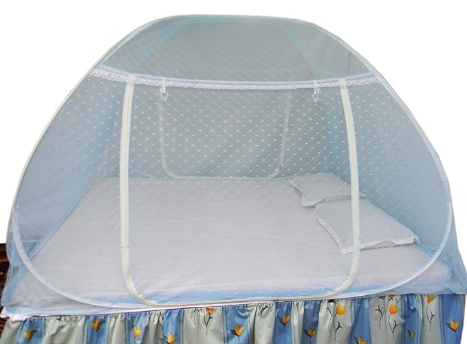 Healthy Sleeping Foldable Pop up Polyester Mosquito Net for Double Bed, Strong & Durable Mosquito Net, King, Queen Size Foldable Machardani (Embroidery Sky Blue 1)