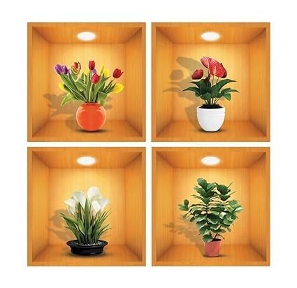 HEBEZON 3D Flower Wall Sticker - 4 Pcs New Creative Simulation Green Plant Pot Stickers, Self Adhesive Waterproof Wall Paper Decorative Stickers for Living Room, Bedroom, Hallway, Office