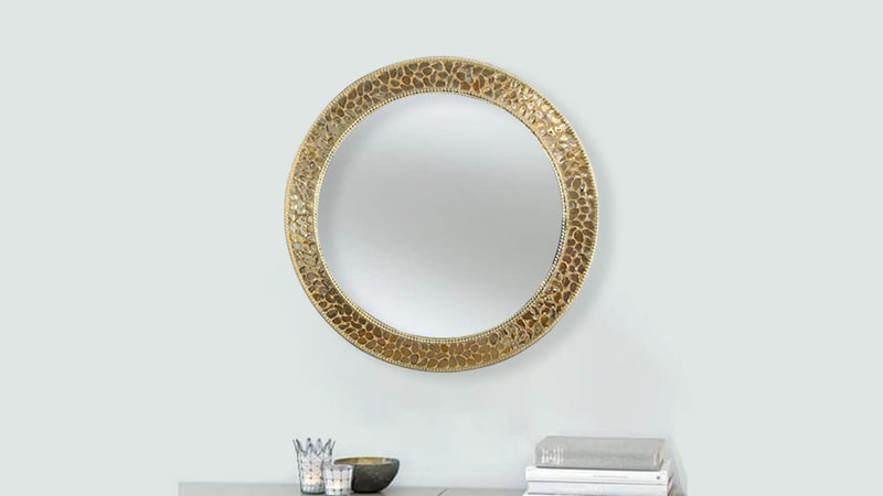 Beautiful Engraved Pearl Designed Beveled Round Wall Mirror with Elegant Sturdy Frame - ( 24 X 24 Inches, Gold)