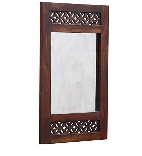 APRODZ Durque Rectangular Wall Mirror with Carved Sheesham Wood Frame - Provincial Teak Finish