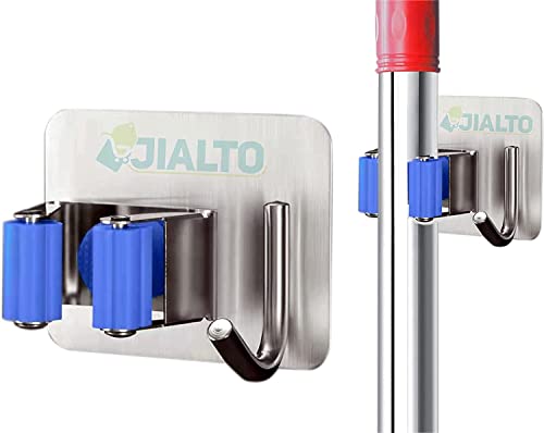 JIALTO 1 Pcs Stainless Steel Broom Holder with Hook - Wall-Mounted Adhesive Storage Solution for Broom Holders, Home, and Kitchen Organization