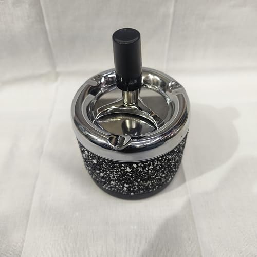 Spinning Ashtray with Glitter Design, Chrome Lid, Black Base