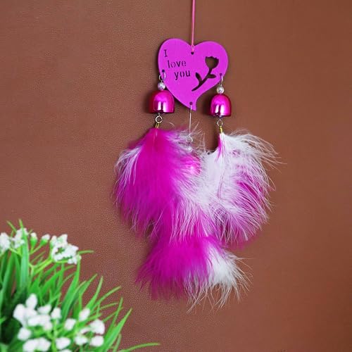 Spillbox Wall Hanging for Home Décor|Dream Catcher I Love You Heart-Shaped Wind Chime with Bells and Feathers Hanging|Amulet for Car, Home and Office[Wind Chime] (Hot Pink)