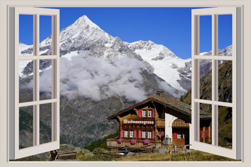 JVERF - JZZA24726 Mountains Switzerland Houses Weisshorn Valais Alps| Self-Adhesive Open Window Wall Sticker