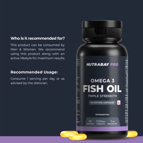 Nutrabay Pro Omega 3 Fish Oil (Triple Strength) - 460 mg EPA & 380 mg DHA for Healthy Brain, Heart, Eyes & Joints - 1000mg, 60 Capsules